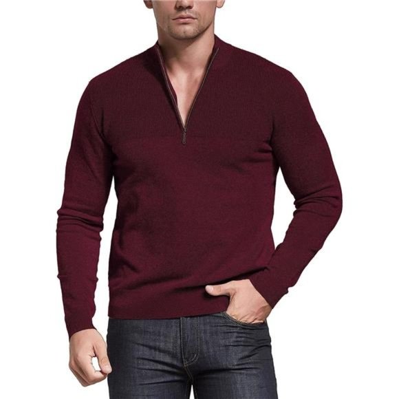 Mens Slim Fit Zip Up Polo Sweater Casual Long Sleeve Pullover NEW - Picture 1 of 7